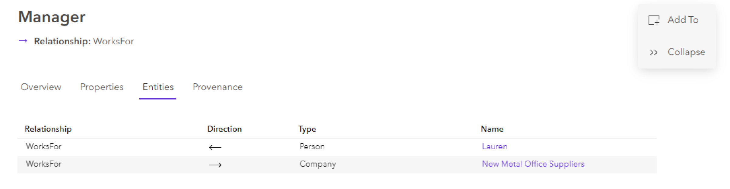 Entities tab of a relationship data card Entities tab of a relationship data card